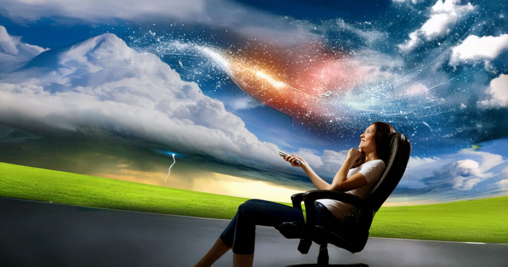 Woman watching movies sky space illustration